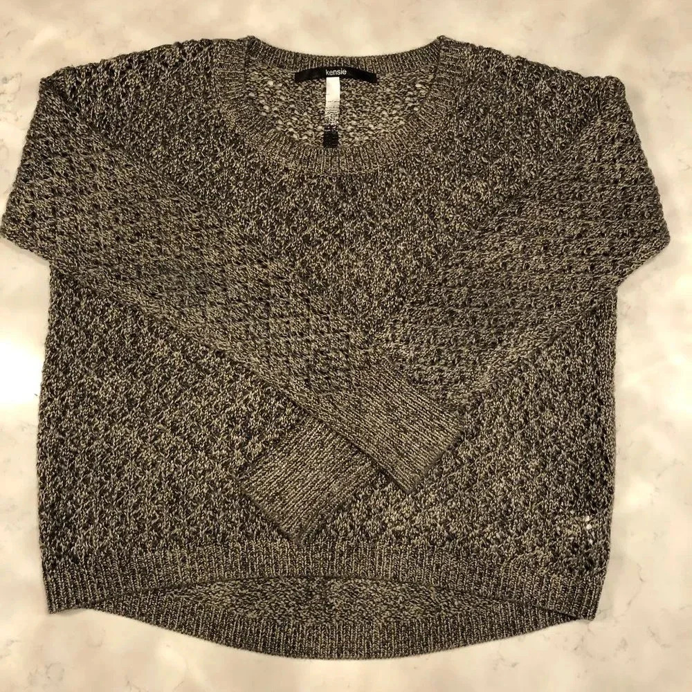 Kensie Lg Slv Scoop Neck Open Weave Acrylic Cotton Two Tone Sweater Gray Sz M